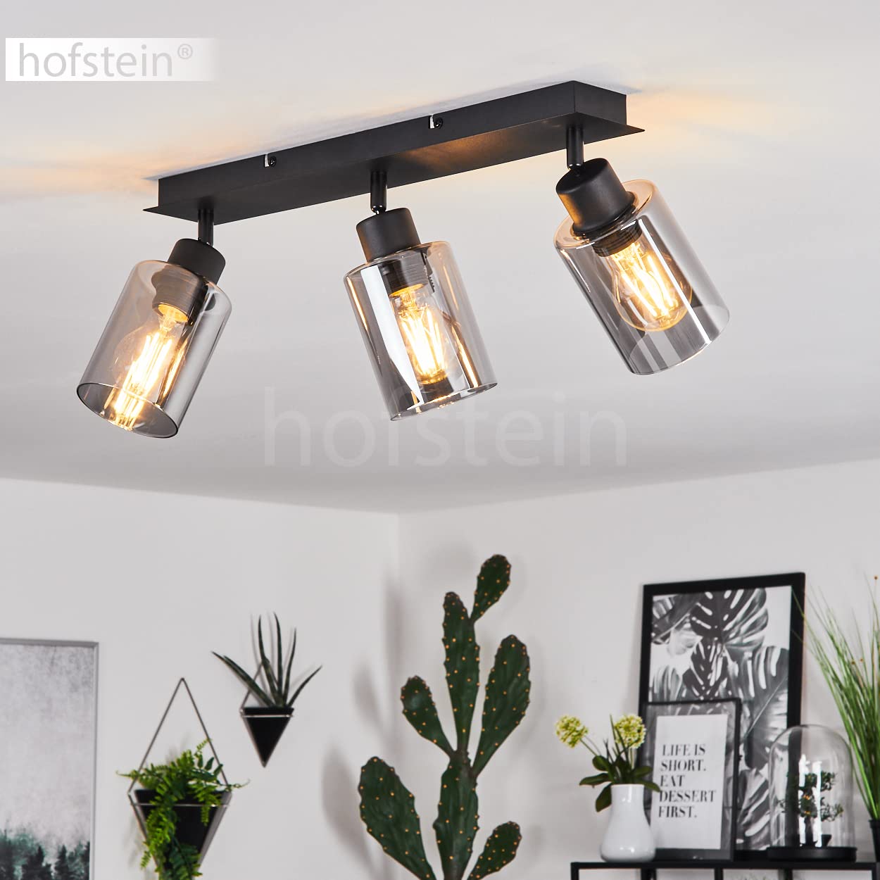 Lampada da soffitto Hunouri, lampada da soffitto in metallo/vetro in nero/fumo, con paralumi in vetro fumé, 3 luci, attacco E27, paralumi ruotabili, senza lampadina/e