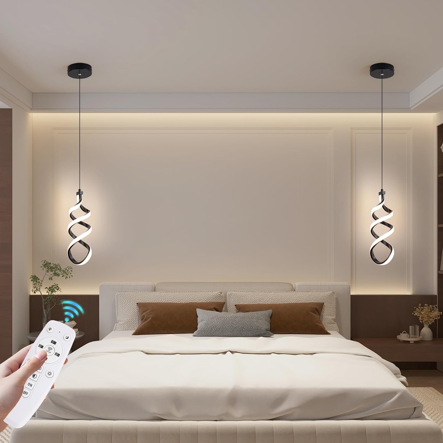 Modern Led Pendant Light Fixture, 15W Black Spiral Led Chandelier Hanging Lamp, 3000K-6000K, Dimmable Pendant Lamp, Adjustable Height Pendant Light for Kitchen Island Dining Room Bedroom Cafe