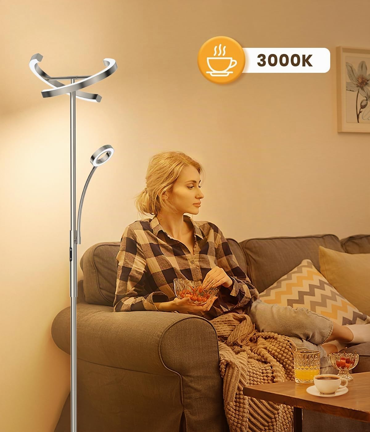 ANTENLICHT lampada da terra dimmerabile LED | Lampada da terra argento 20W con lampada da lettura flessibile da 7W | telecomando con 4 temperature di colore per soggiorno, camera da letto, ufficio
