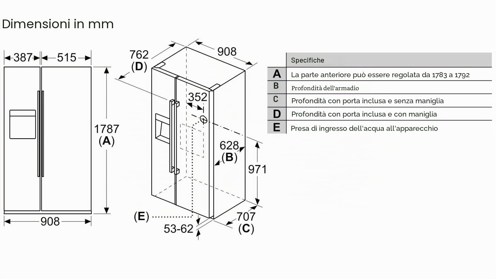 Bosch KAD93AIEP Serie 6 frigorifero americano side-by-side 178,7 x 90,8 cm, raffreddamento da 368 l + congelatore da 165 l, NoFrost mai più sbrinare, illuminazione a LED uniforme