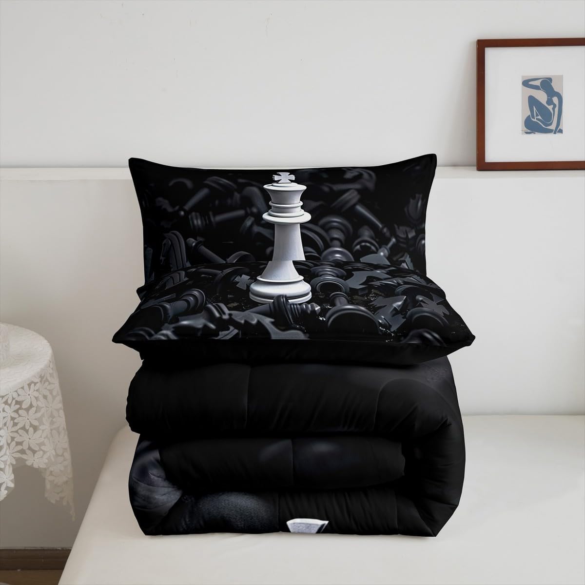 Feelyou Kids Queen International Chess Comforter Set Chess Comforter Games Comforter Set for Kids Boys Girls Black White Duvet Set Kids Room Decor 3Pcs