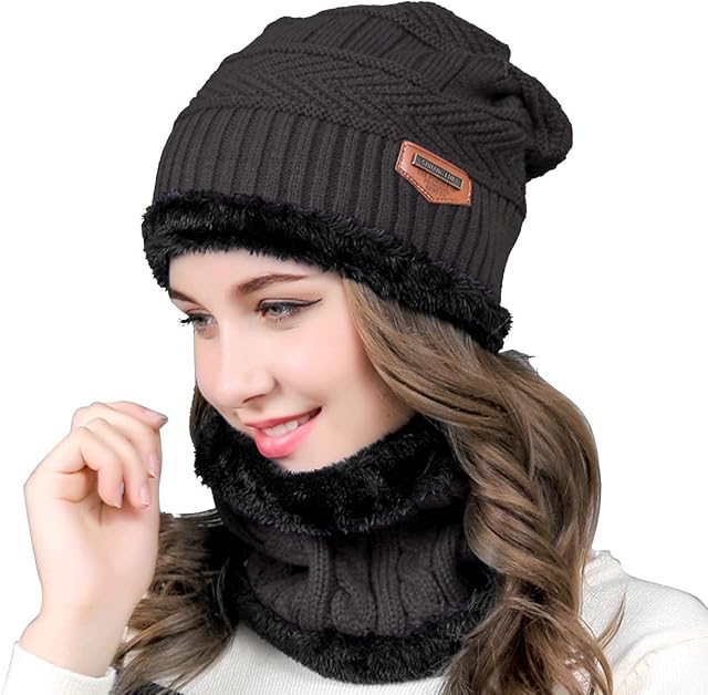 Kyowoll Unisex Winter Thermal Beanie Hat and Circle Scarf Set Knitted Beanie Circle Loop Infinity Scarfs Neck Warmer Ski Snowboard Warm Winter For Men Women