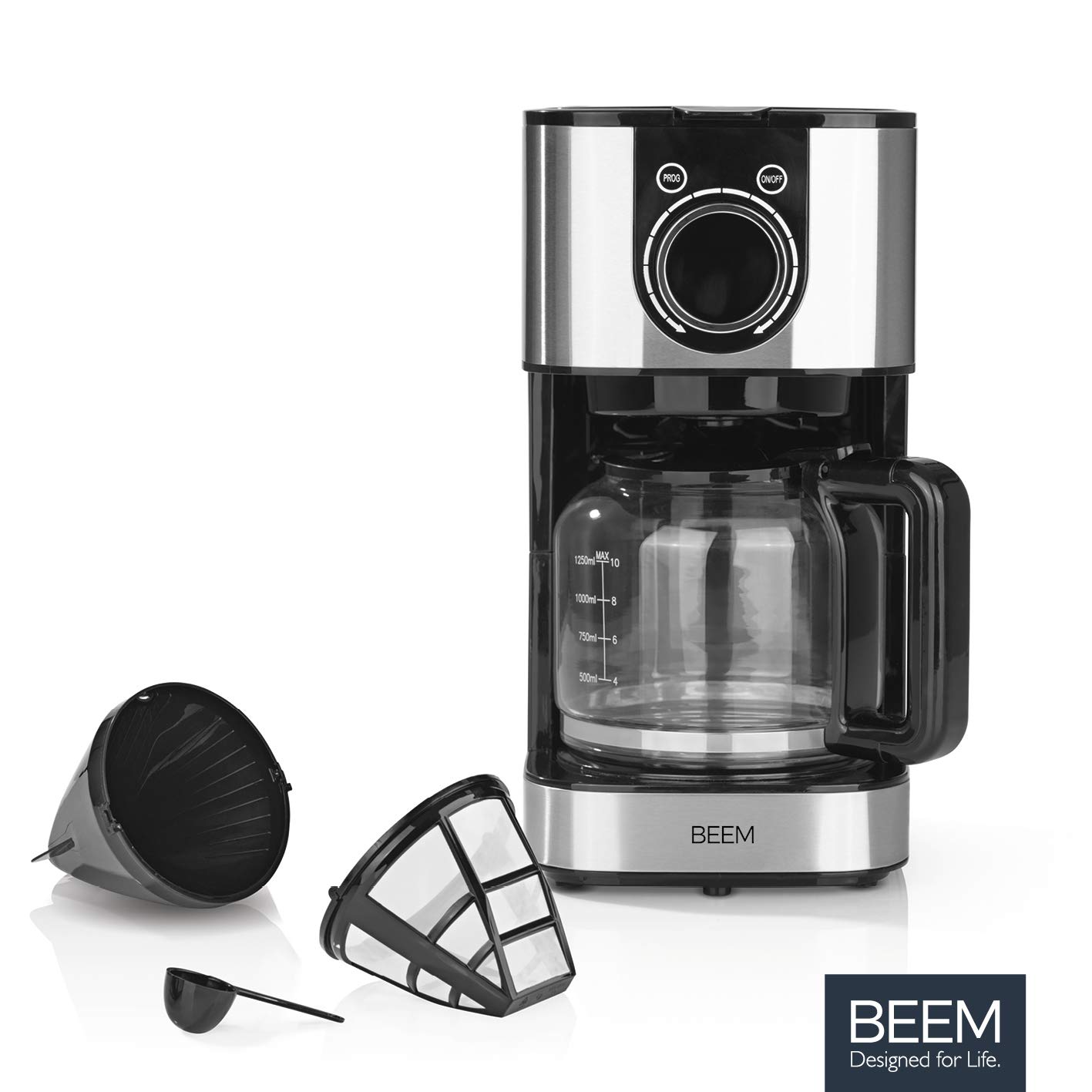 BEEM FRESH-AROMA-SWITCH cafetera de filtro - vidrio | acero inoxidable | jarra de vidrio de 1,25 l | elegante rueda de control | temporizador de 24 horas | 800 W | para 4-8 tazas