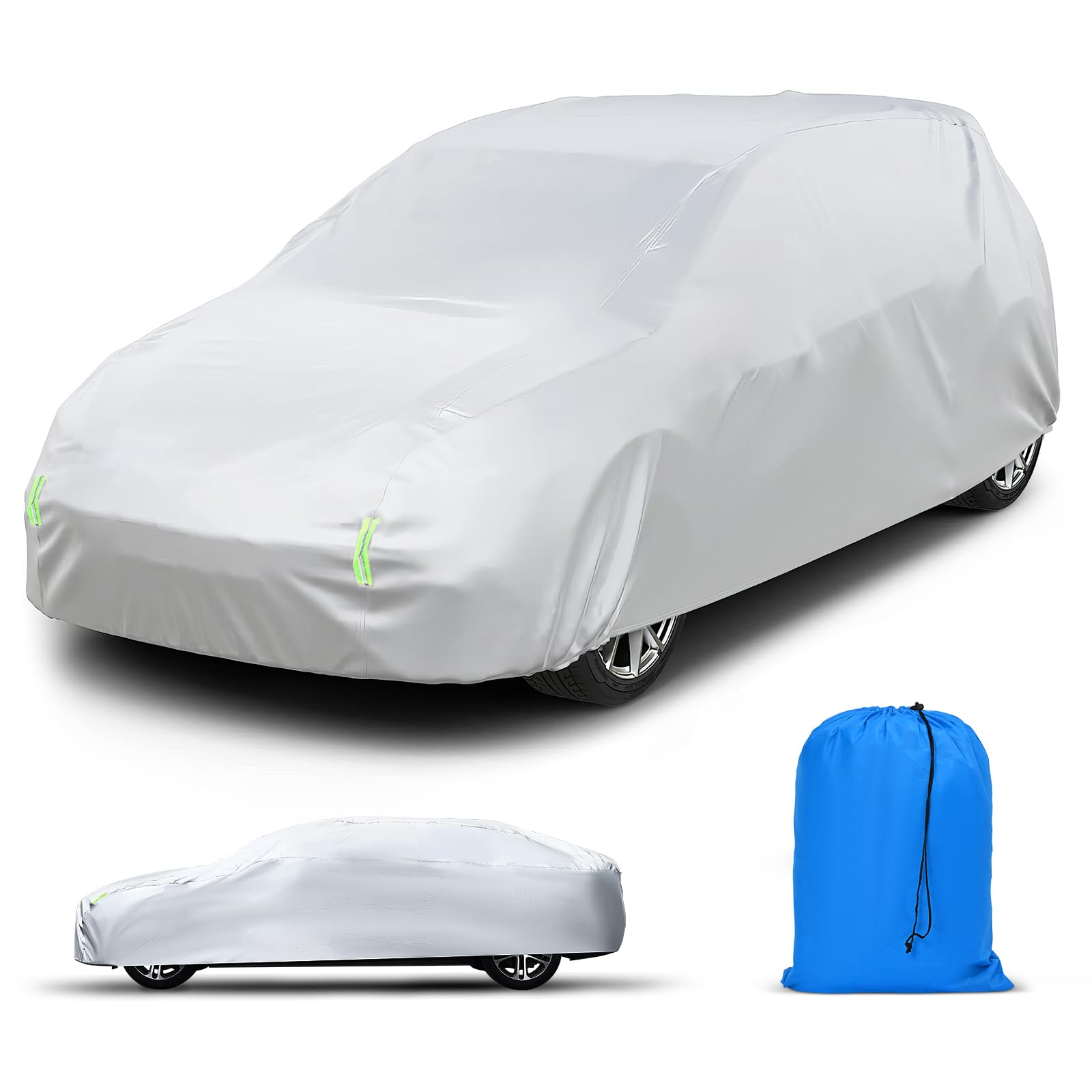 Car Cover Waterproof, Breathable Car Covers with Green Reflective Strips All Weather Protection, Automobiles Hail Protector Full Exterior Indoor Outdoor Cover (Fit Hatchback length up to 450cm)