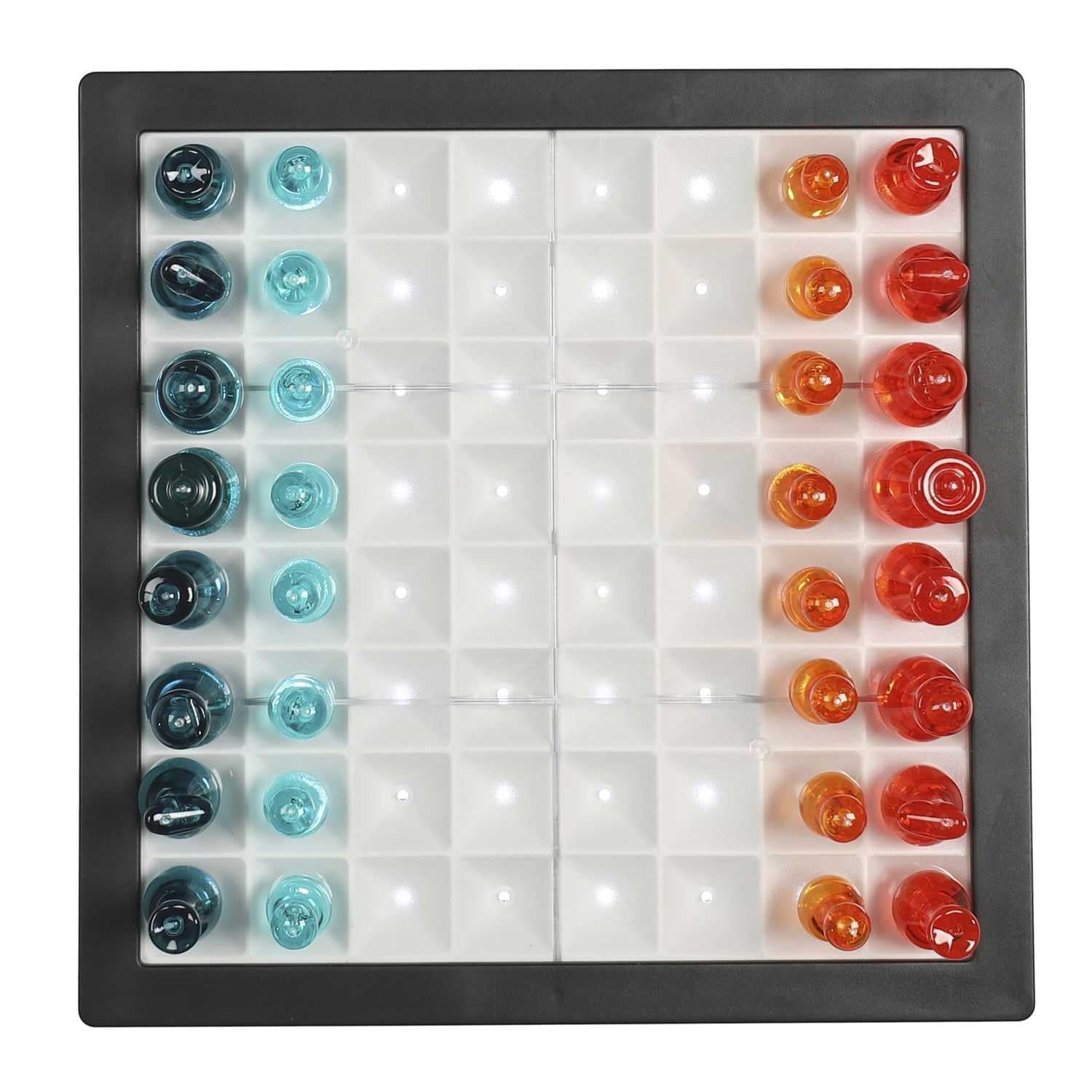MISTER GADGET Jeu d'Échecs Transparent LED Échiquier Lumineux Multicolore | Plastique PS, jeu d'échecs transparent LED, échiquier lumineux, pièces noires bleues et blanches, soirées, multicolore