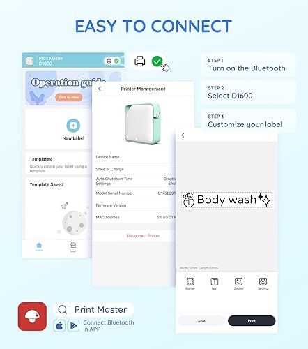 Miniatura 7 de Vixic D1600 Bluetooth Label Maker (Comes with 4 Color Label Tapes) Bundle with 4-Pack 3D11 Black on White Tape, 12mm (12 Inch), Compatible D1600