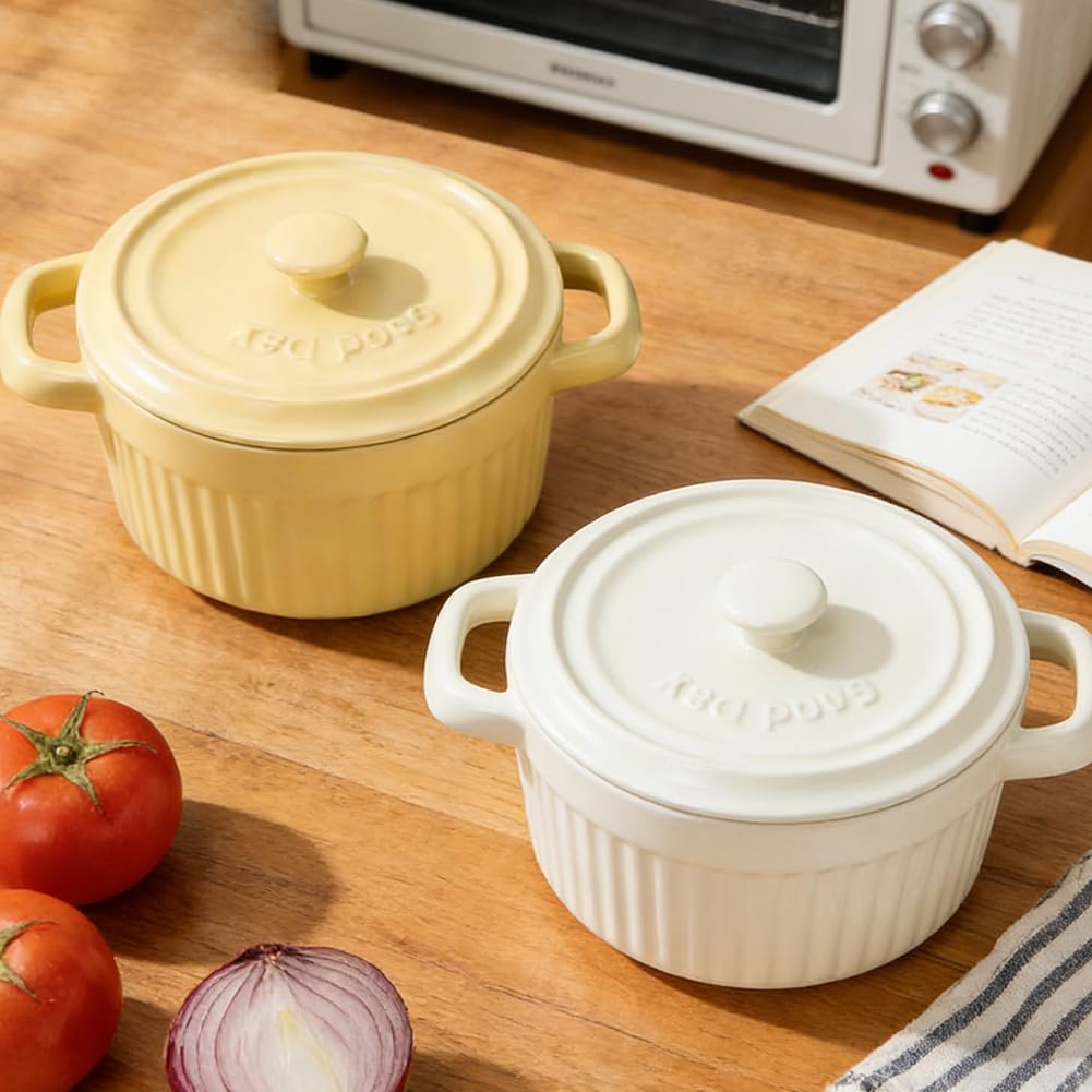 Mini cocotte con coperchio, pirofila in ceramica con manici e coperchio, stampini rotondi con coperchio per lasagne, soufflé, crème brûlée, dessert, per microonde e forno (Bianco, L-400ml-1pc)