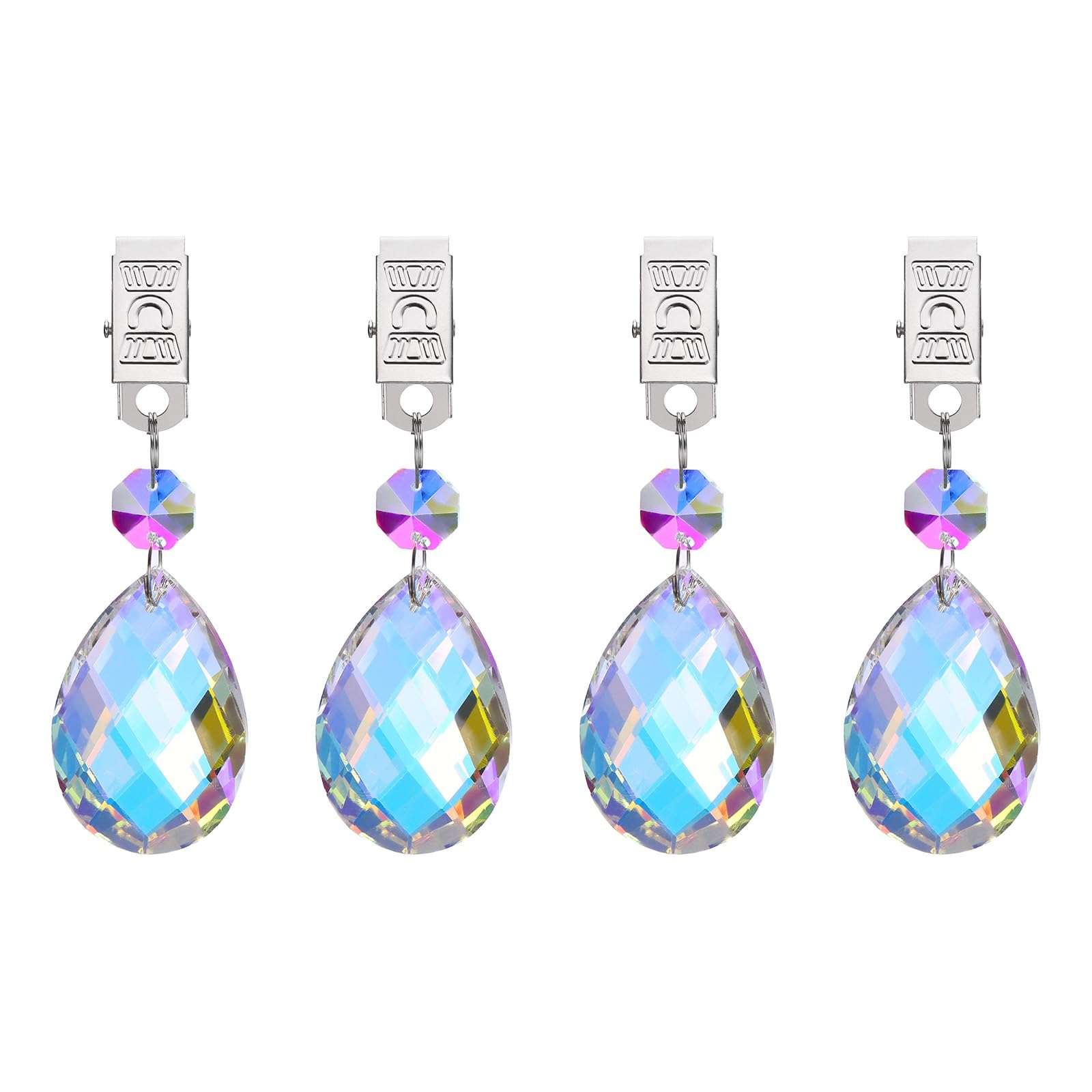 sourcing map 4Pcs Tablecloth Weights, Crystal Table Cover Weights with Metal Clips, Clear Grid Teardrop Shape Pendant Curtain Weight for Outdoor Picnic Garden Table Decoration(AB Color)