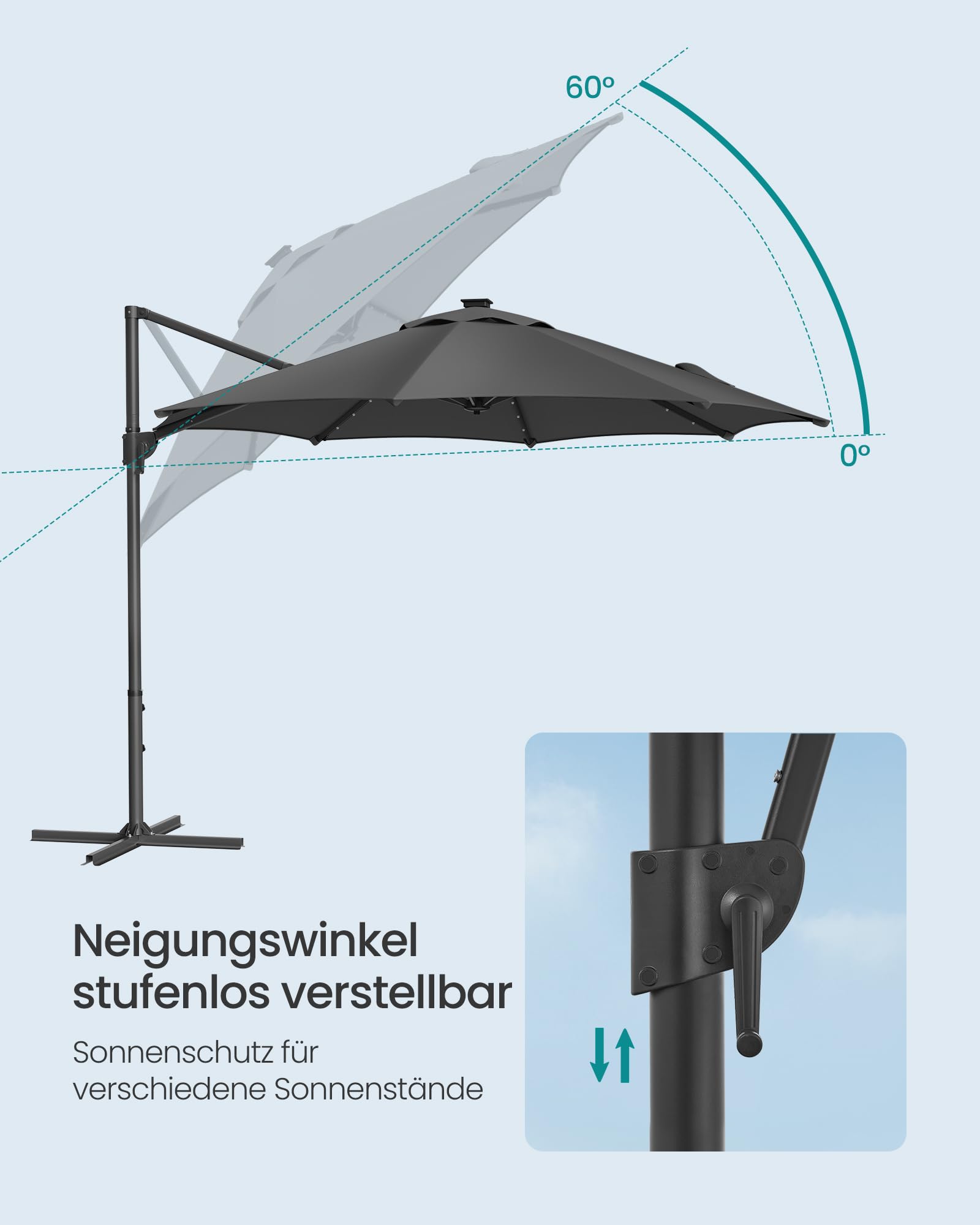 SONGMICS Sonnenschirm Ampelschirm 300 cm 28 Solar-LED-Leuchten | UPF 50+, Gartenschirm, um 360° drehbar, Neigungswinkel stufenlos verstellbar, mit Kurbel, Kreuzfuß, grau GPU047G02