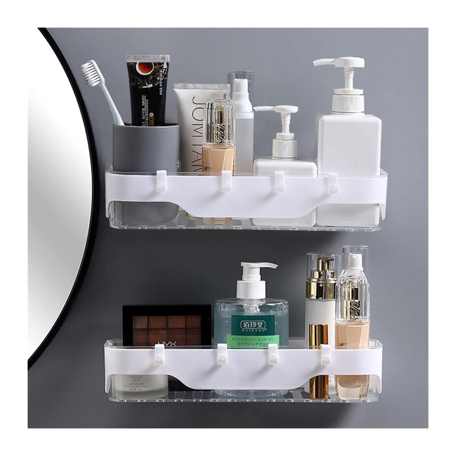 TENGJU Bathroom Storage Shelves Wall-Mounted Storage Rack Bathroom Shelf for Kitchen with Hooks Storage Bathroom Accessories Without Drill