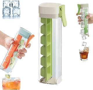 One Glass Ice Maker, Push Button Tray for 6 Square Cubes, Portable Single-Hand Press Mold, Space-Saving Quick Freezer for Coffee & Drinks (Green)