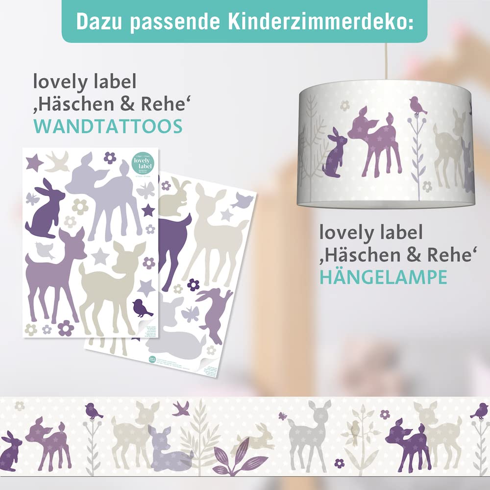 Bordüre selbstklebend HÄSCHEN & REHE LILA BEIGE - Wandbordüre Kinderzimmer Babyzimmer mit Hase & Reh Waldtiere - Wandtattoo Schlafzimmer Mädchen – Wanddeko Baby Kinder