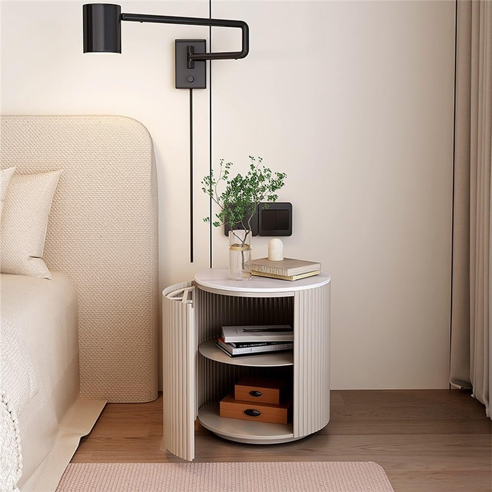 Comodino con piano in pietra sinterizzata scanalata cilindrica, comodino rotondo a doghe, tavolino portaoggetti minimalista for l'arredamento della camera da letto in stile crema(Brown)
