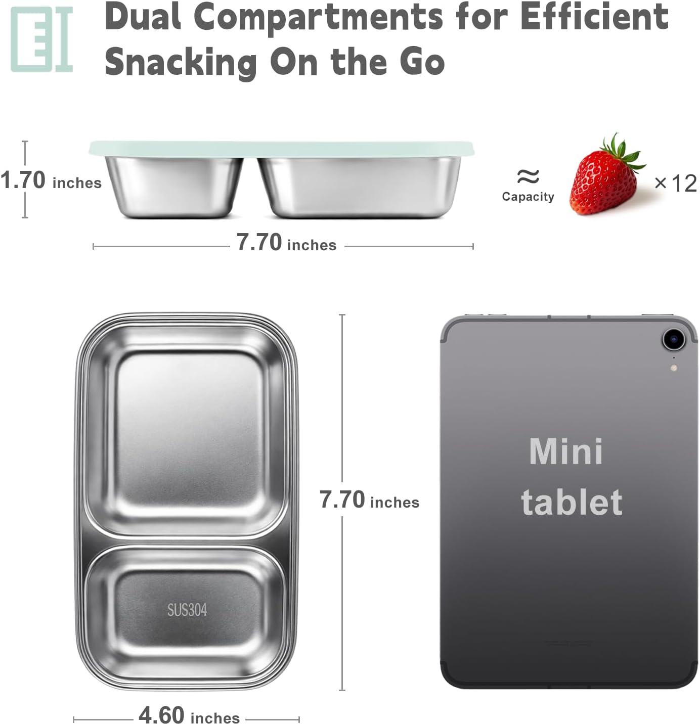 3 Pack Stainless Steel Snack Containers with Silicone Lids, 2-Compartment Snack Containers for Lunch, Office, Travel & Camping(Aqua, Blue, Grey) - Image 8