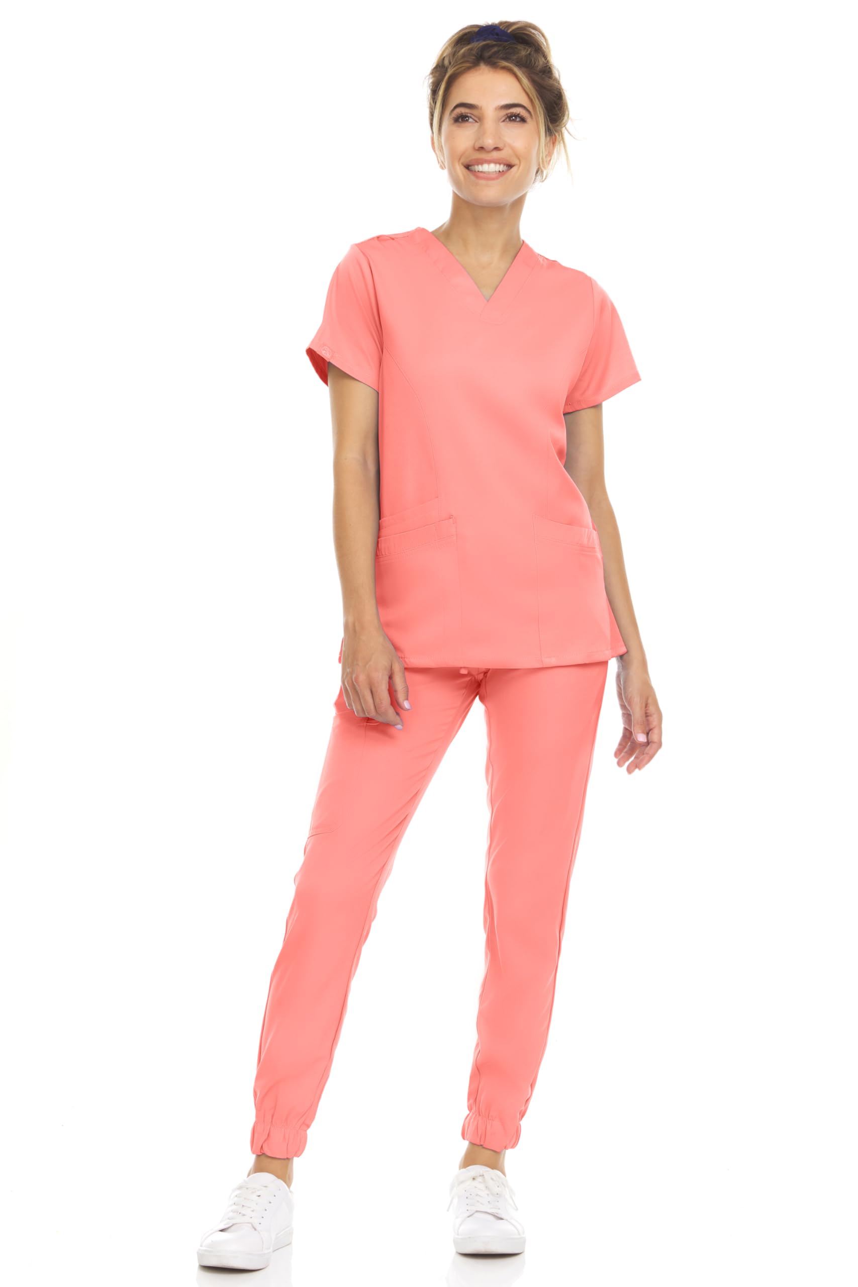 MediChic Scrub Sets for Women – 8-Pocket V-Neck Jogger Scrubs, Anti-Wrinkle, Stretch Medical Nursing Uniforms, Coral Medium