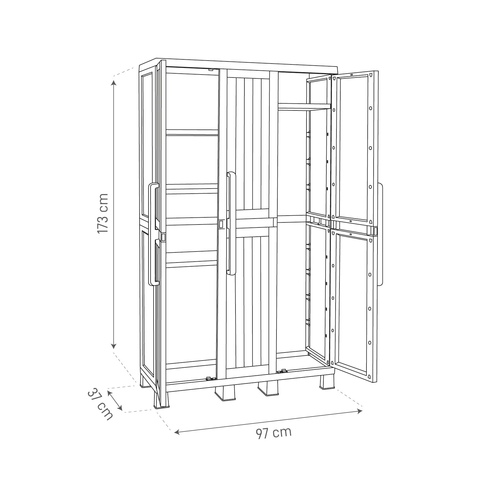 Toomax Armadio Wood Midi a 3 ante con 4 ripiani regolabili, 97x37x173h cm in plastica resistente effetto legno grigio tortora, con piedini e predisposizione per lucchetto, ideale per garage e cantine