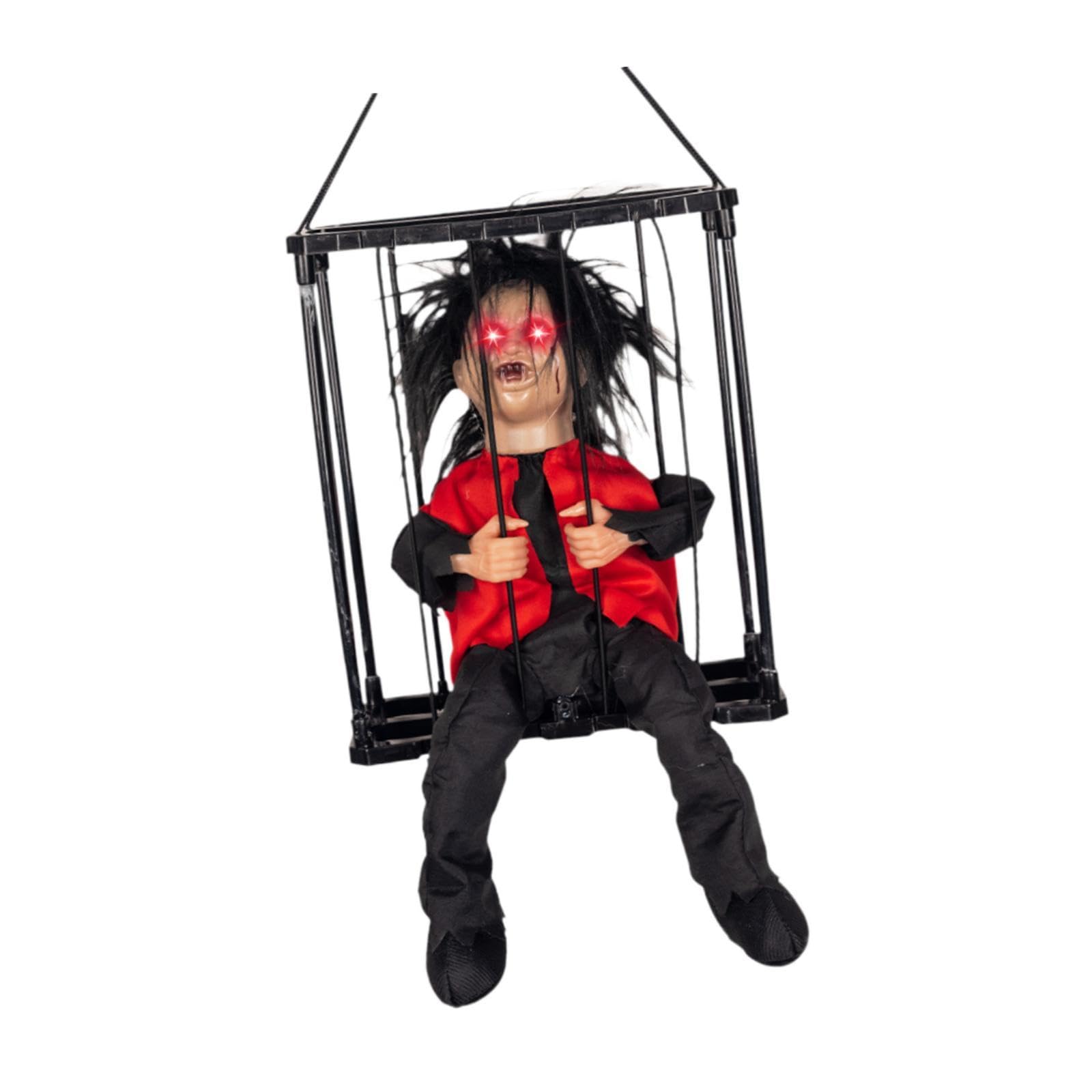 Clown suspendu d'Halloween en cage figurine effrayante rouge et noir