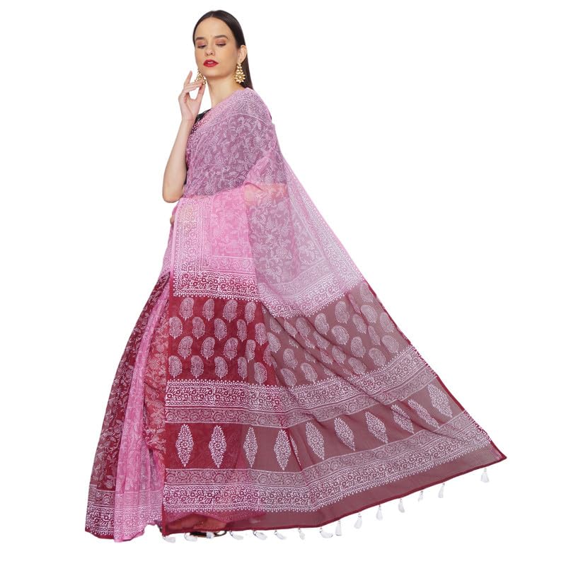 PALASH Pink And Maroon Ombre Hand Block Printed Cotton Kota Doria Aarohi Saree With Blouse PAL.SAR.KOT.104