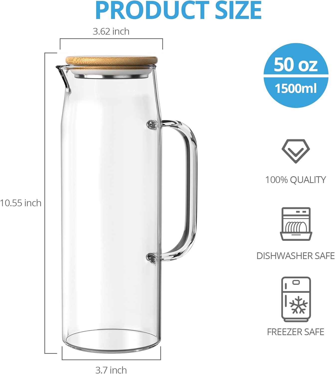 3 Sets Glass Pitcher with Lid, 50 oz / 1500 ml Water Carafe with Handles Hot Cold Beverage Water Jar Glass Jug (Bamboo lid) - Image 2
