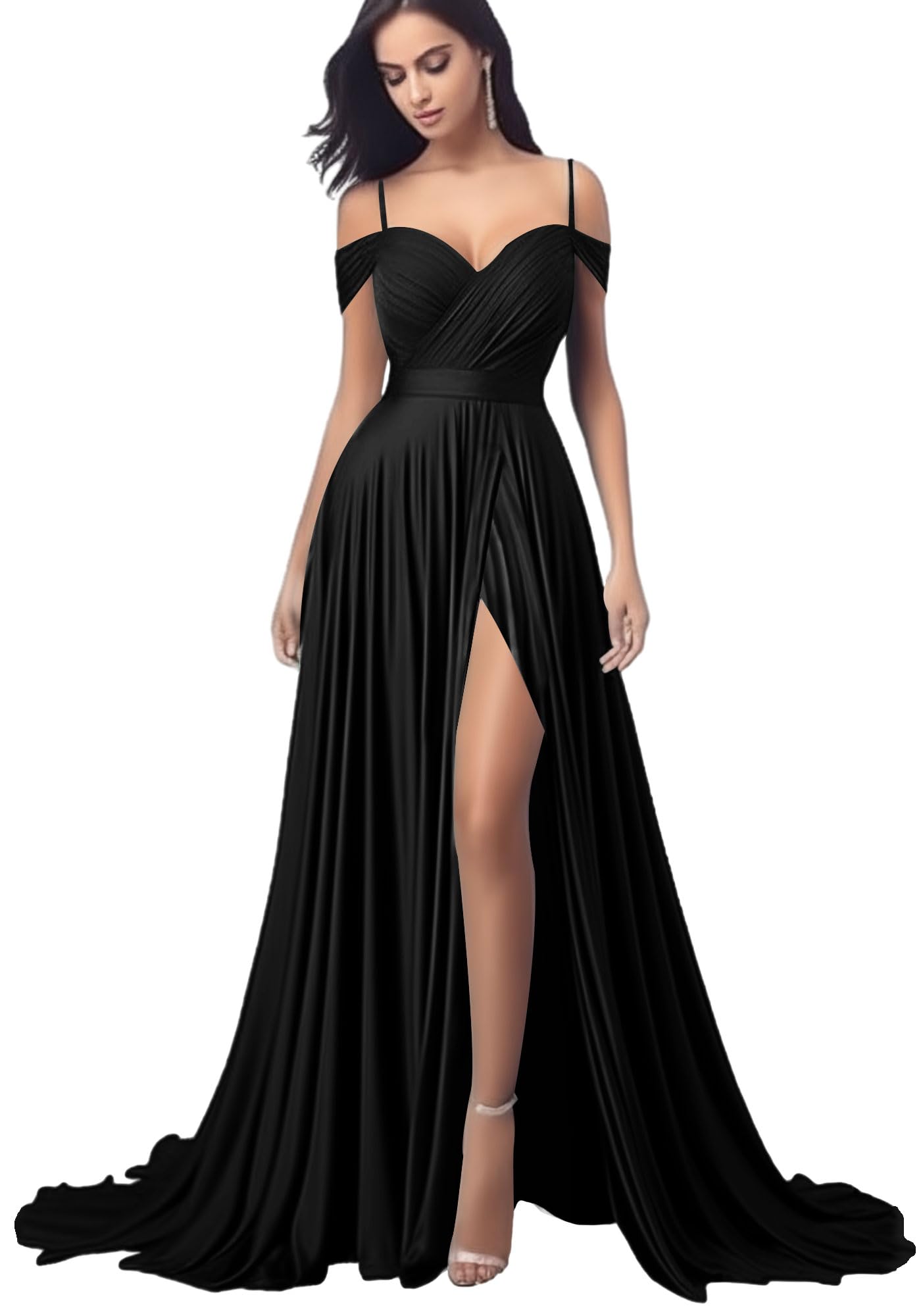 Ontoefy Women's Off-Shoulder Satin Bridesmaid Dresses 2026 A-Line Full Length Prom Dresses Evening Gowns with Slits