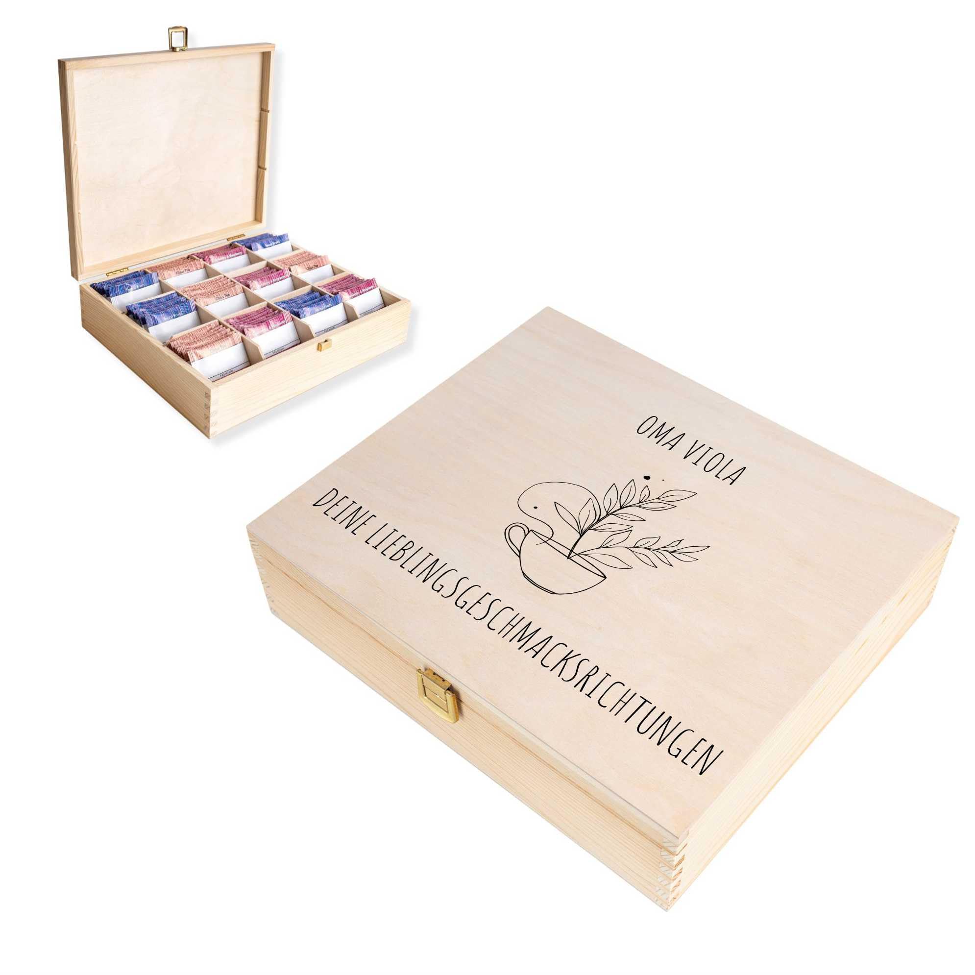 Creative Deco Beige Personalised Wooden Tea Box Storage With Lid | 12 Compartments | Your Text | 29X25x7.5cm | Natural Wood | Organiser Keepsake Caddy Chest | Gift Box | Uv Print