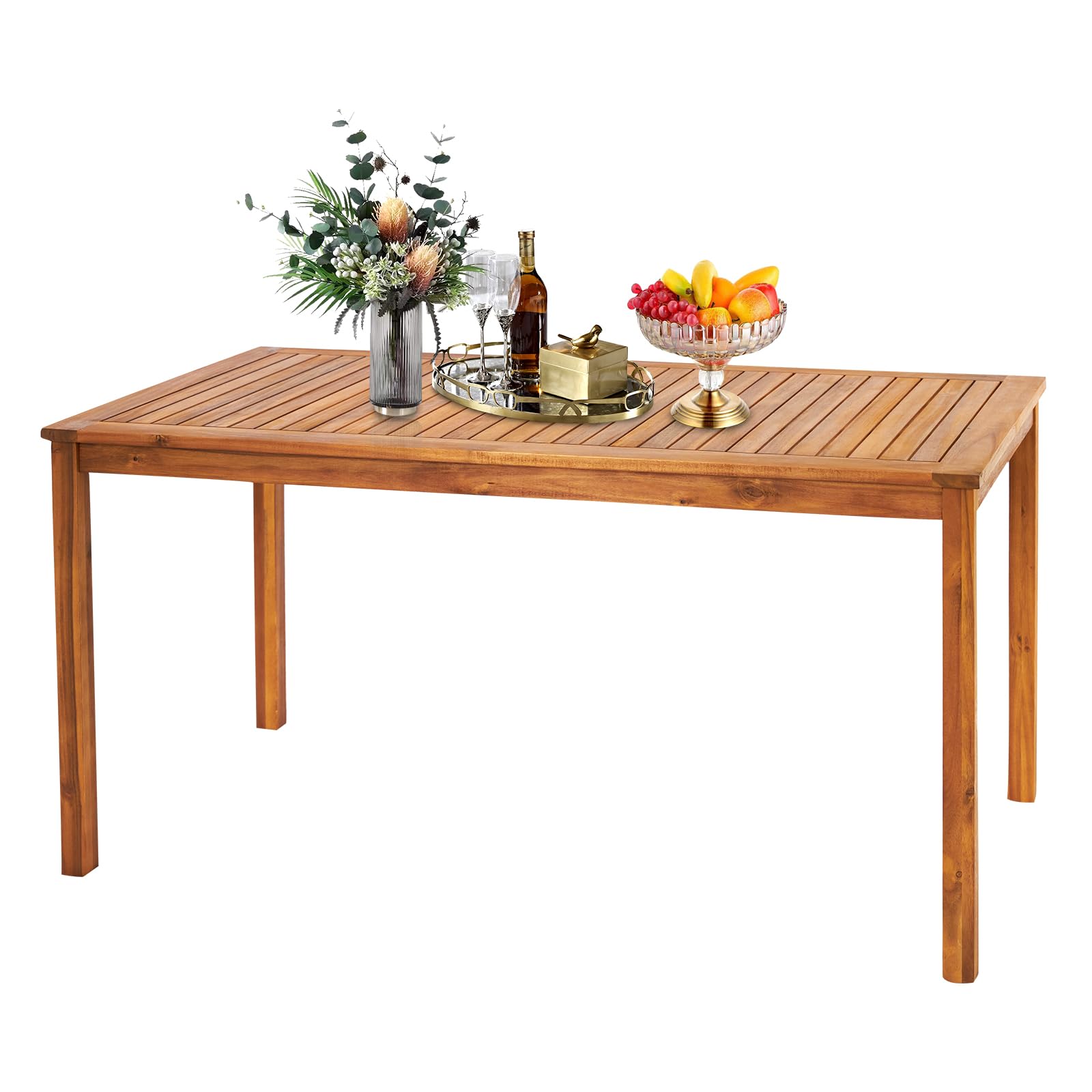 Outdoor Dining Table, 57" Acacia Wood Rectangular Patio Dining Table with Umbrella Hole for Indoor Deck Garden Backyard Poolside, Natural