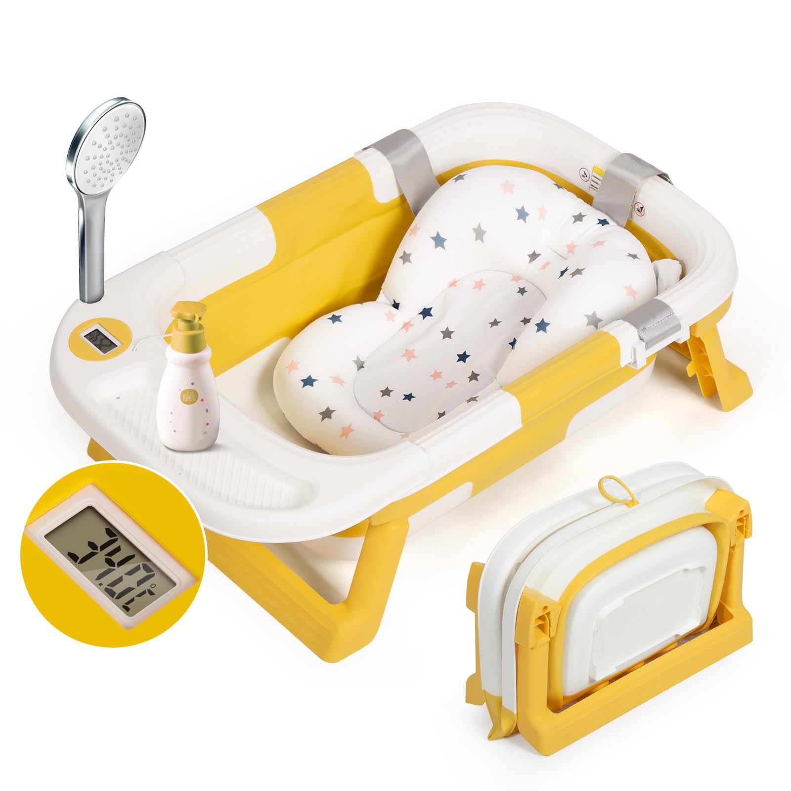 Leogreen Vaschetta Bagnetto Neonato,Vasca da Bagno Pieghevole con Tappetino da Bagno,Vaschetta per Bambini con Termometro Digitale da Viaggio e Vassoi, Essenziale per Neonati 0-36 mesi