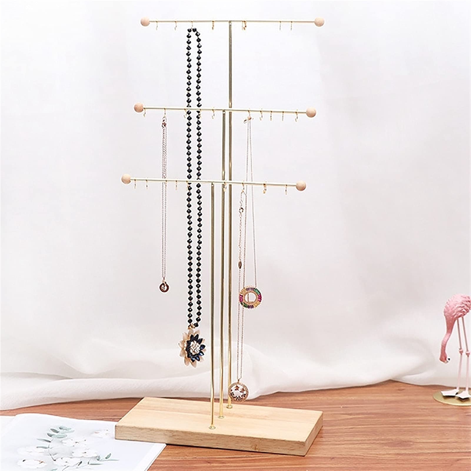 Schmuckständer, Schmuckbaumständer-Organizer, 3-stufiges Aufbewahrungstablett aus Metall und Holz für Halsketten, Armbänder, Ohrringe, Halter, Kleiderbügel, Schmuckständer, Schmuck-Organizer-Halter