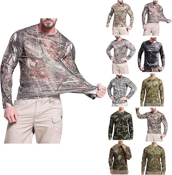 2PCS Men Hunting Camo Shirt Outdoor Long Sleeve UV Sun Protection Sun Shirts Loose Fit Quick Dry Running Workout Shirt (XL,06)