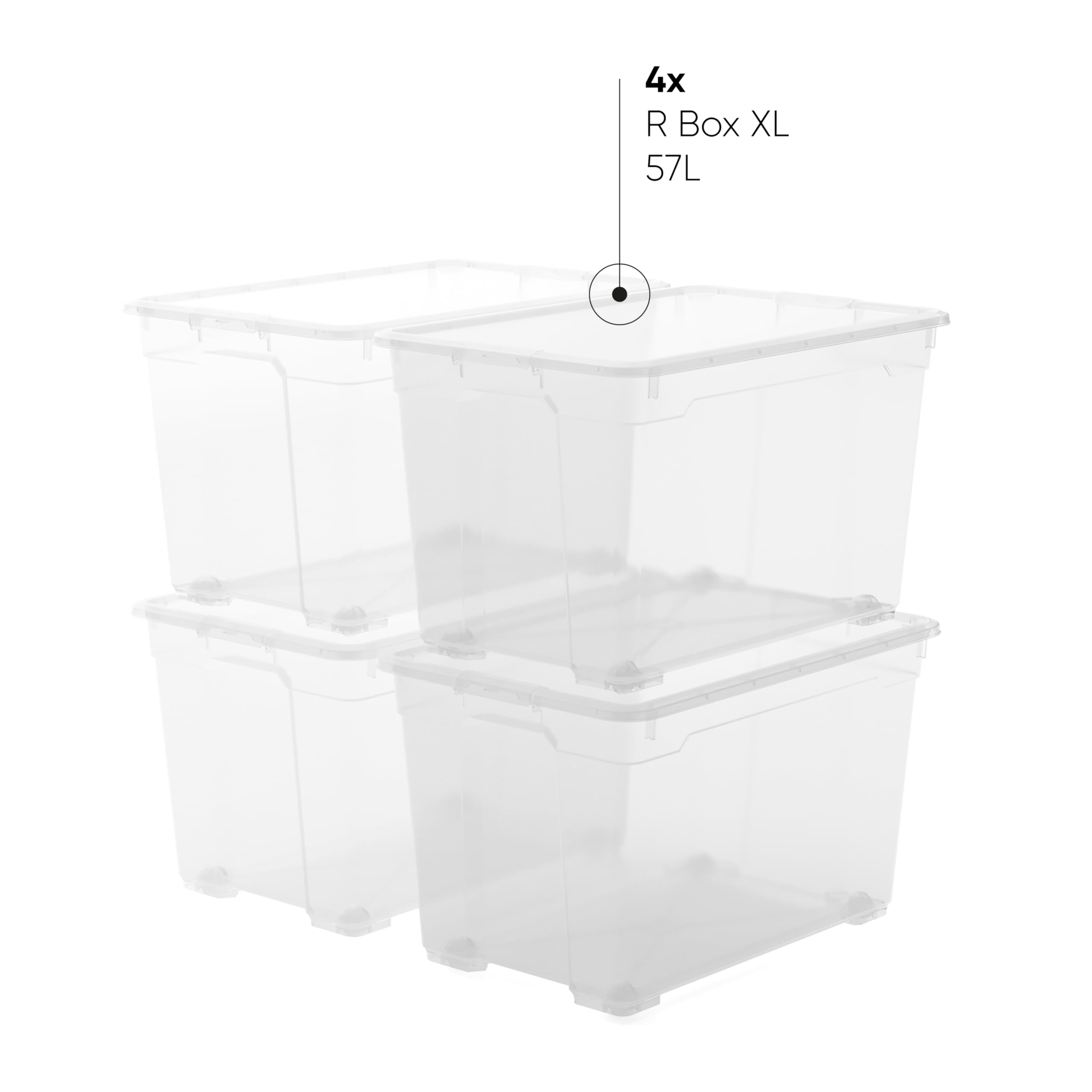 Keter Set di 4 Contenitori in Plastica con Coperchio R Box XL, Trasparenti, Dotati di Ruote, Ideali per Vestiti e come Portaoggetti, Adatti per Armadi e Garage, 57 L, 56,5x38x36H cm