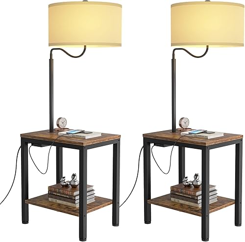 LityMax Lámpara de pie con mesa Mesa auxiliar rústica con puerto de carga USB, toma de corriente, estante de mesita de noche, mesa auxiliar con