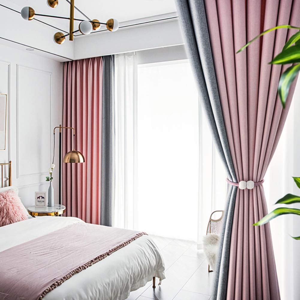 Pink Grey Splicing Blackout Curtains Pencil Pleat Darkening Curtain for Livingroom Bedroom Kids Room 2 Panels,W120xL190cm