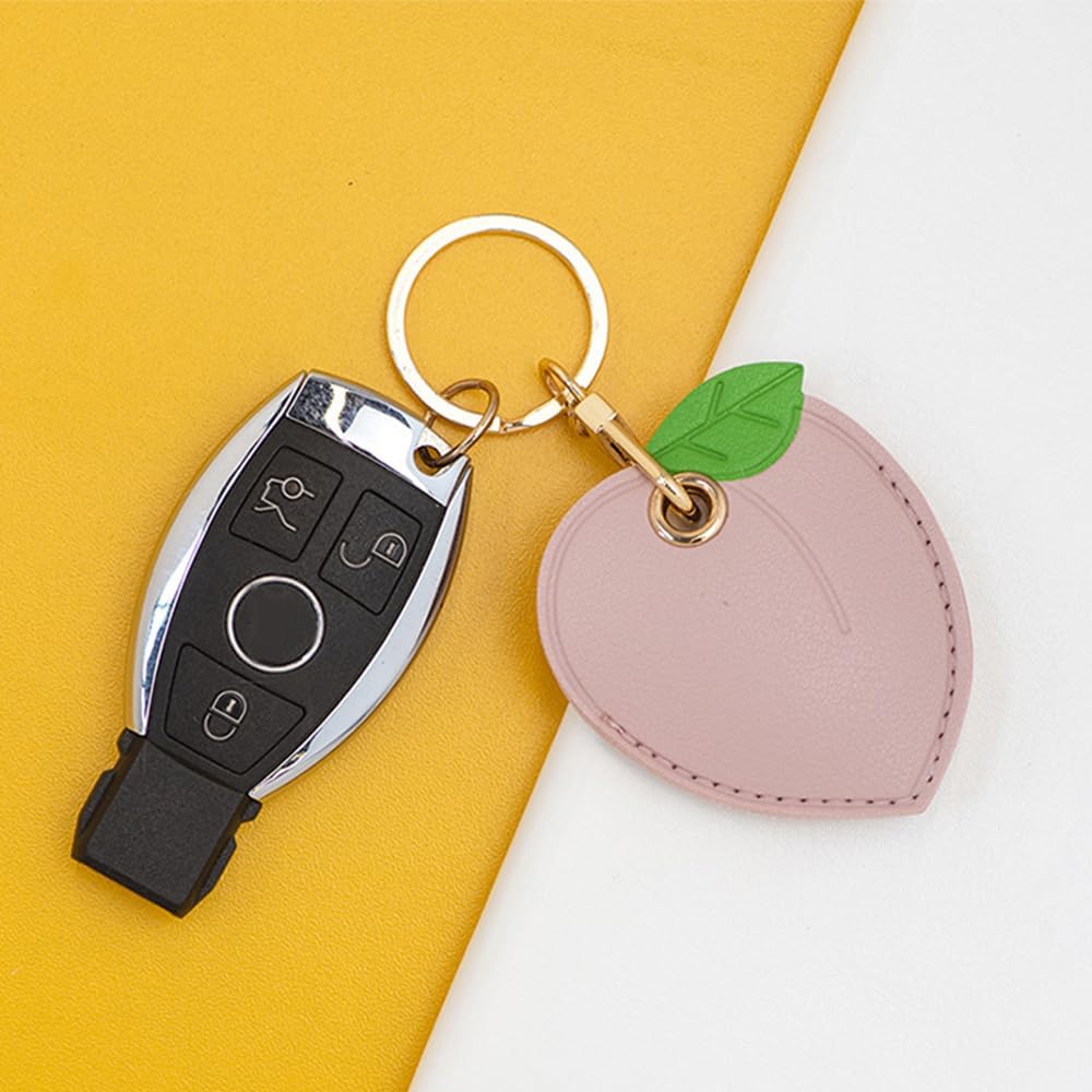 Leather Anti-Lost Keychain Case Cover for AirTags Tracker Holder, Peach Anti-Drop Scratch Cute AirTag Holder with Keychain Accessories for Women Kids Pets Backpacks (Peach) image 2
