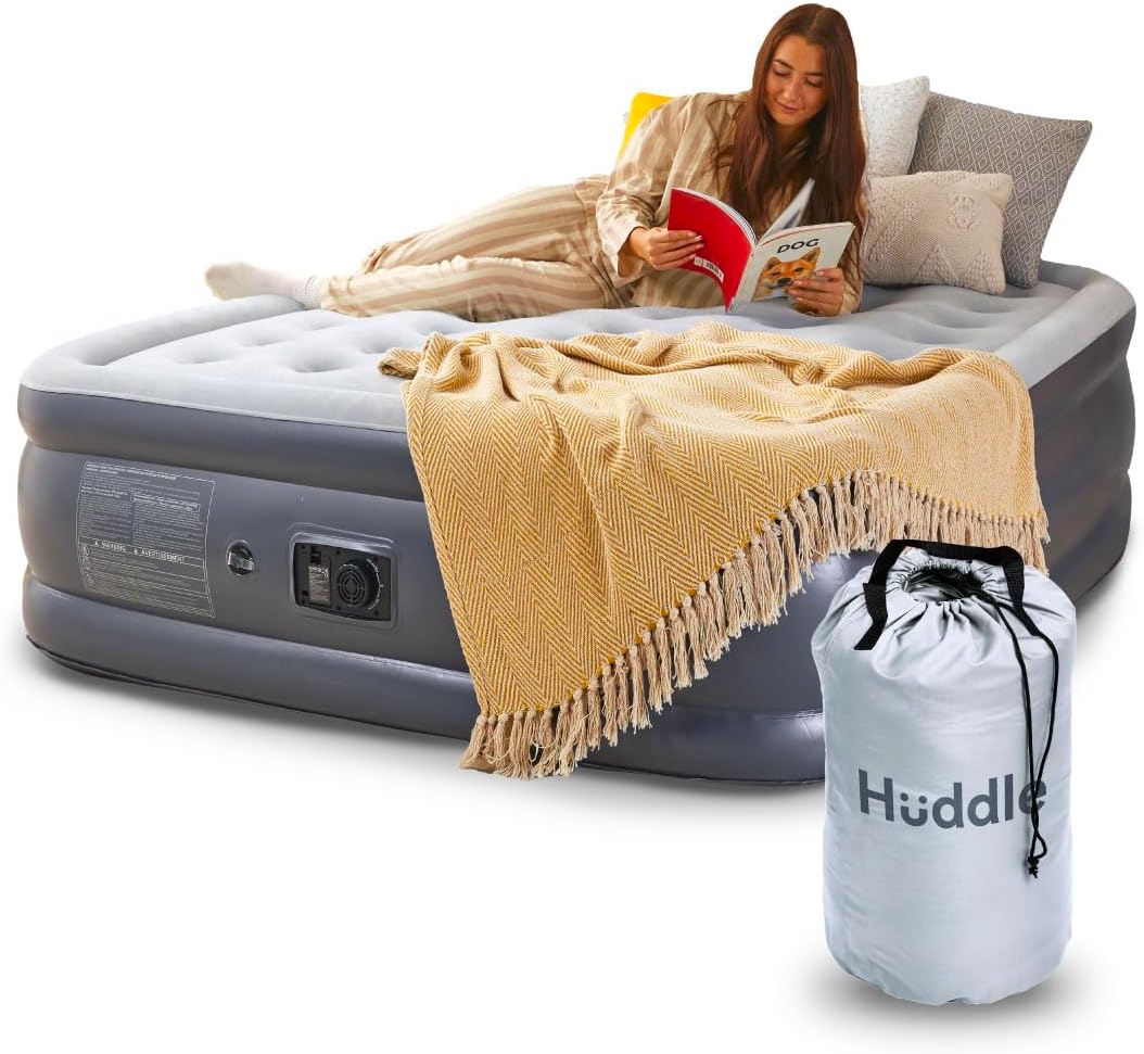 Huddle® Lite Inflatable Air Bed with Built-In Pump – Inflatable Mattress, Comfortable Flocked Top, Raised Height – Blow up bed for Camping, Guests, and Spare Rooms (Single/Double/King)