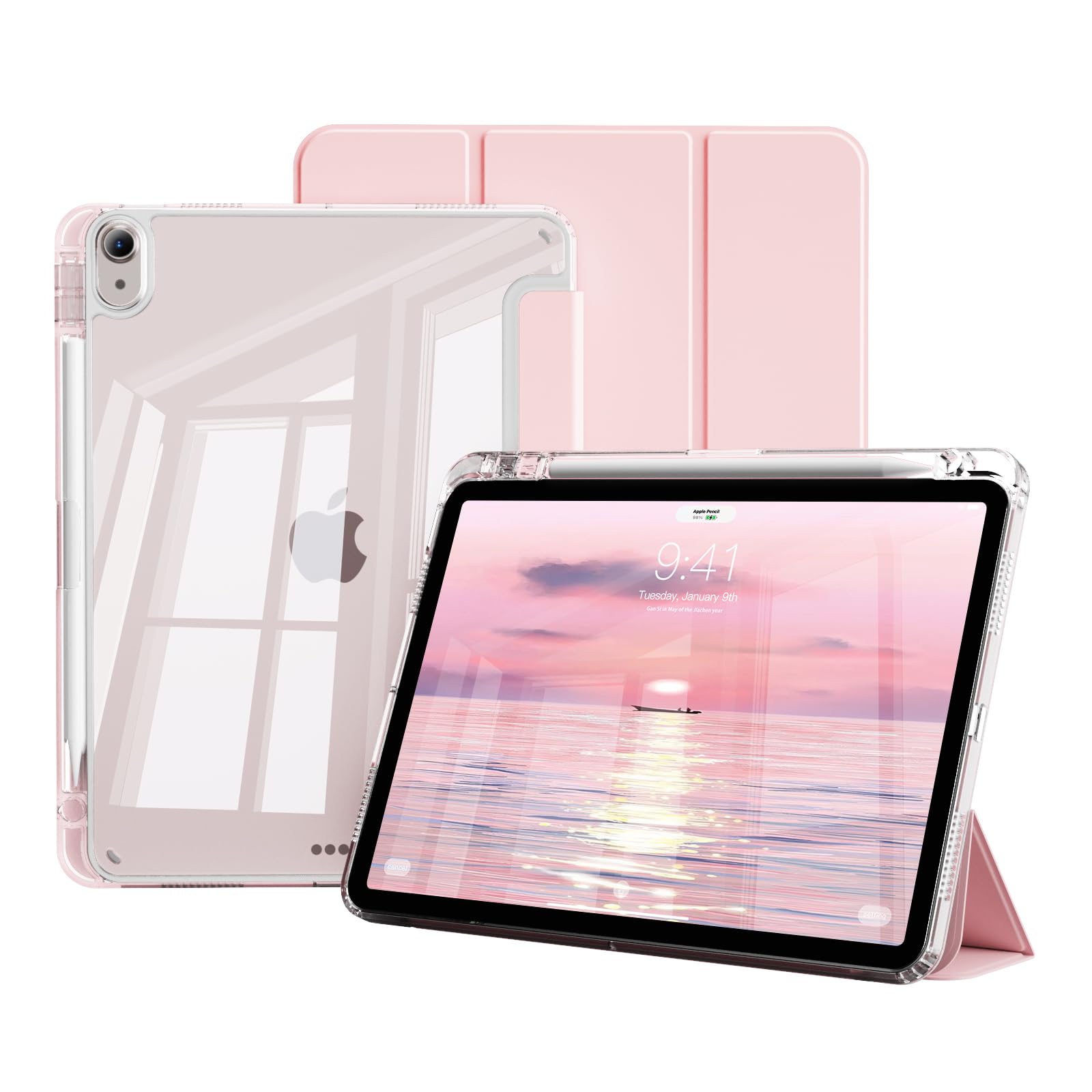 JKSML Transparente Hülle für iPad Air 11 Zoll M4/M3/M2 (2026/2025/2024) & iPad Air 5./4. Gen 10.9 Zoll (2022/2020) mit Stifthalter – Unterstützt Pencil 2. Gen Aufladung, Auto-Schlaf/Weck,Rosa