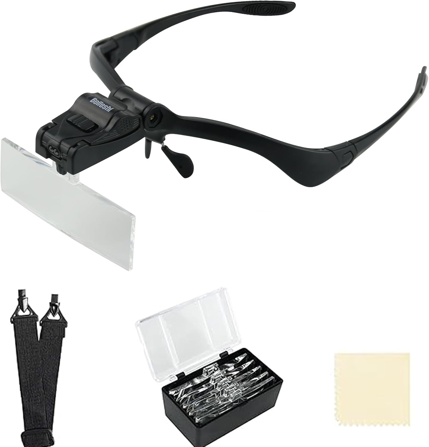 Beileshi Headhand Magnifier Glasses With 2 LED Professional Jeweler’s Loupe Light Bracket and Headband are Interchangeable 5Lens Glass Magnifying Visor