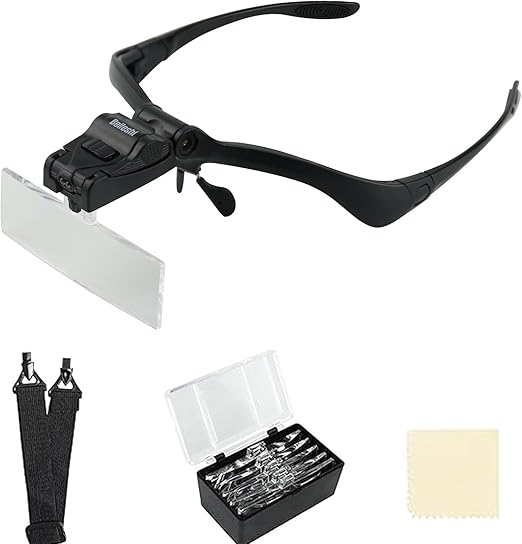 Beileshi Headhand Magnifier Glasses With 2 LED Professional Jeweler's Loupe Light Bracket and Headband are Interchangeable 5Lens Glass Magnifying Visor