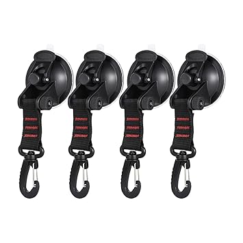 4PCS Heavy Duty Suction Cups with Hooks, Car Camping Tie Down Tarp Accessory, Strong Power Viscous Silicone and Securing Hook, Universal for Car Awning, Boat, Camping Trap (Red)