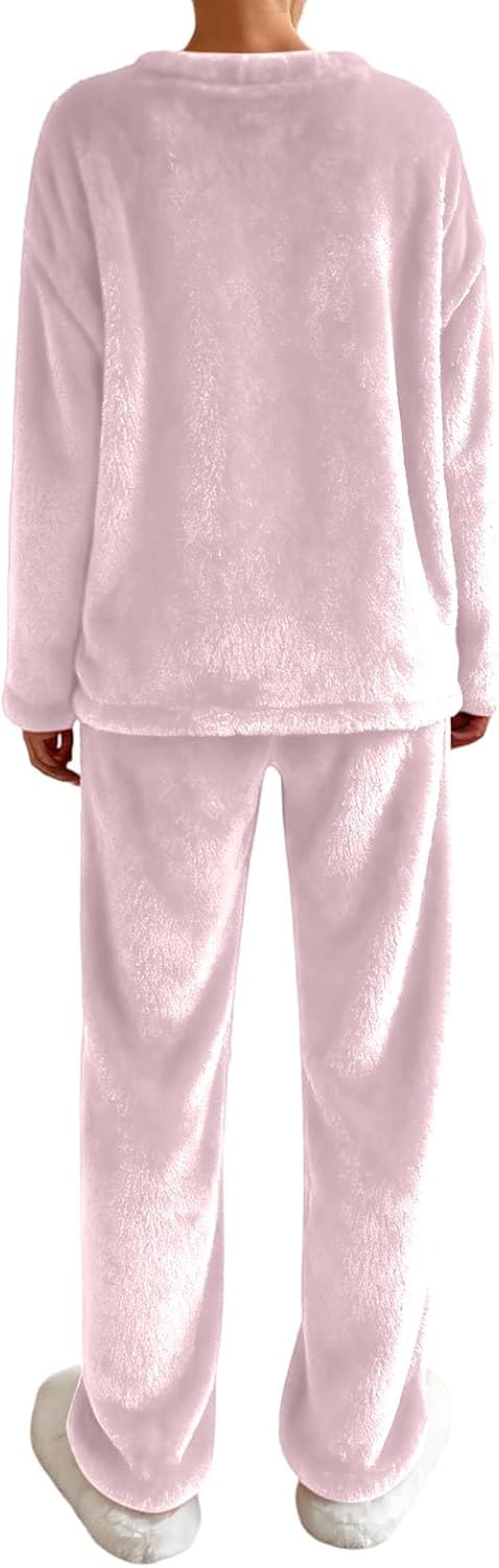 Womens Flannel Pajamas Sets Fashion V-Neck Long Sleeve Pajama Set Casual Autumn Winter Warm Lounge Pjs Sleepwear