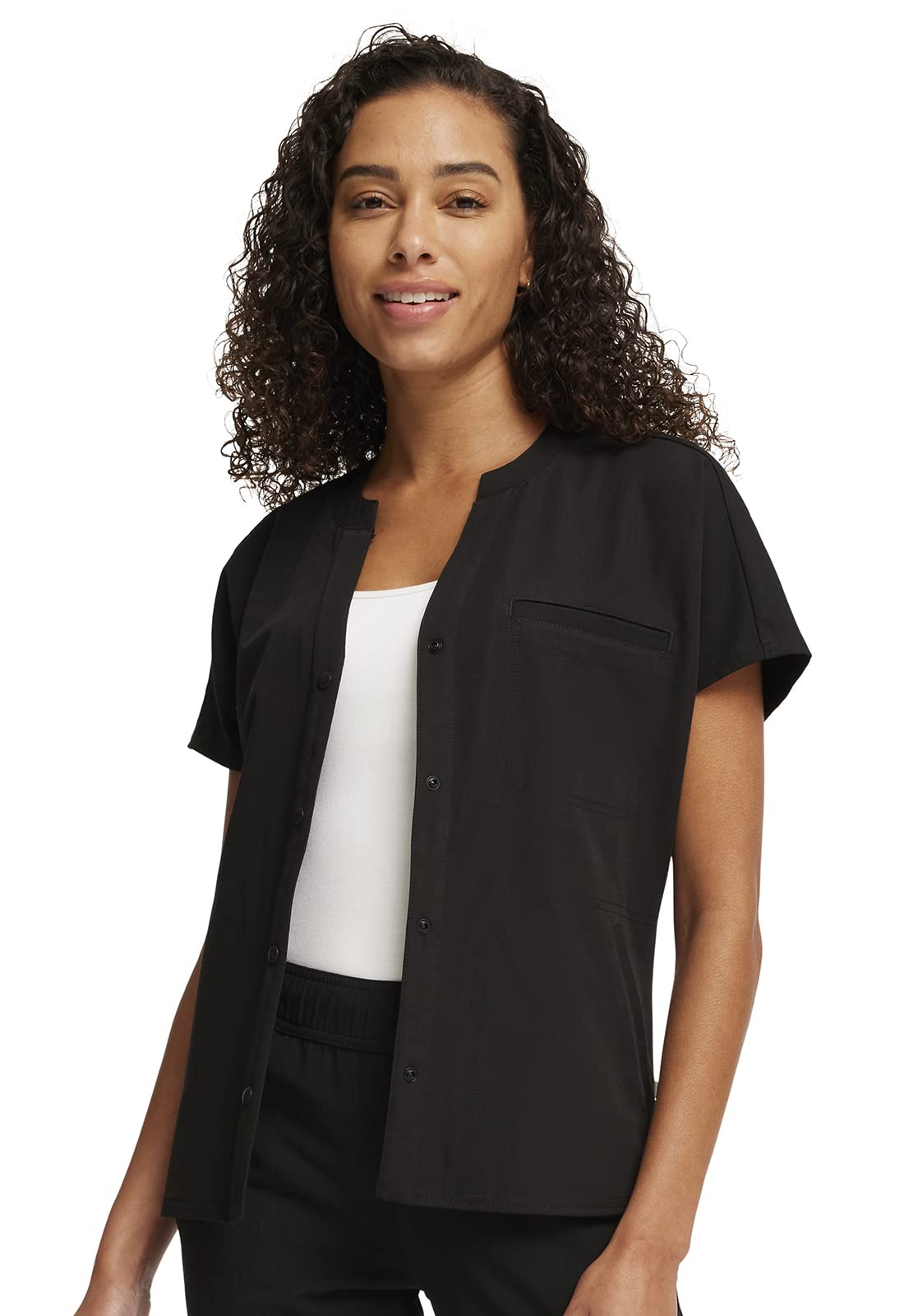 Cherokee Euphoria Women Scrubs Top Mandarin Collar Snap Front CK696A, XS, Black
