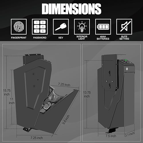 Miniatura 5 de Caja fuerte para pistola biométrica montada para mesita de noche, escritorio, lado de la cama, camión, caja fuerte de mano oculta de apertura