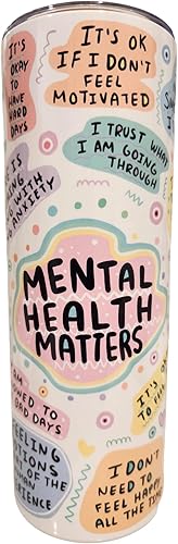 Mental Health Matters - Vaso aislado de acero inoxidable de 20 onzas con tapa y pajita taza de café helado taza reutilizable botella de agua taza de