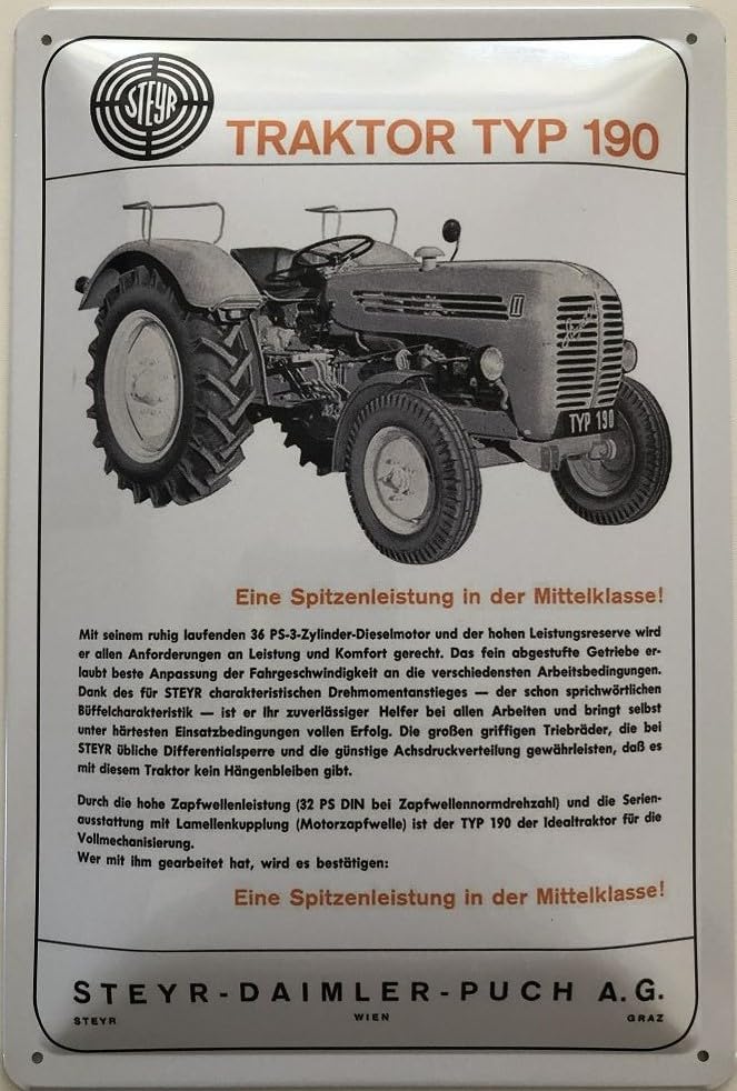 Cartel de chapa Steyr Tractor Tipo 190 retro para decoracion de pared de garaje o taller