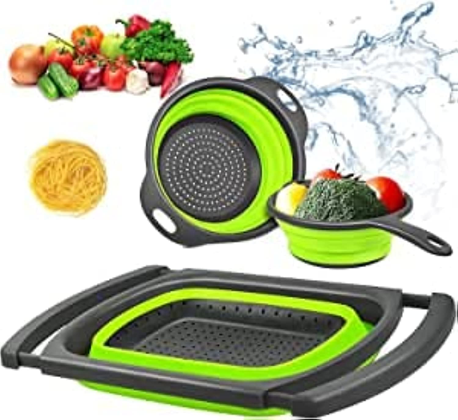 DUBAI STORE Kitchen Colanders set 3Pcs Collapsible Colanders Set, Over The Sink Strainer Vegetable /Fruit/Pasta Colander with Extendable Thickened Handles, Folding Strainer for Kitchen, GREEN