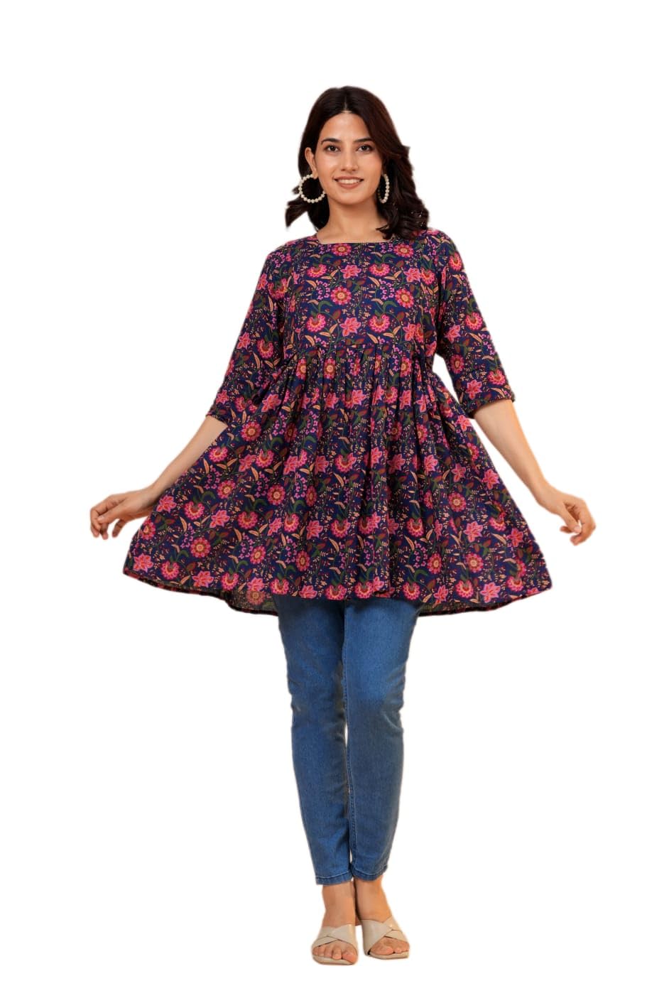 Women's Navy Blue Floral Maternity & Nursing Kurti Top-image-34