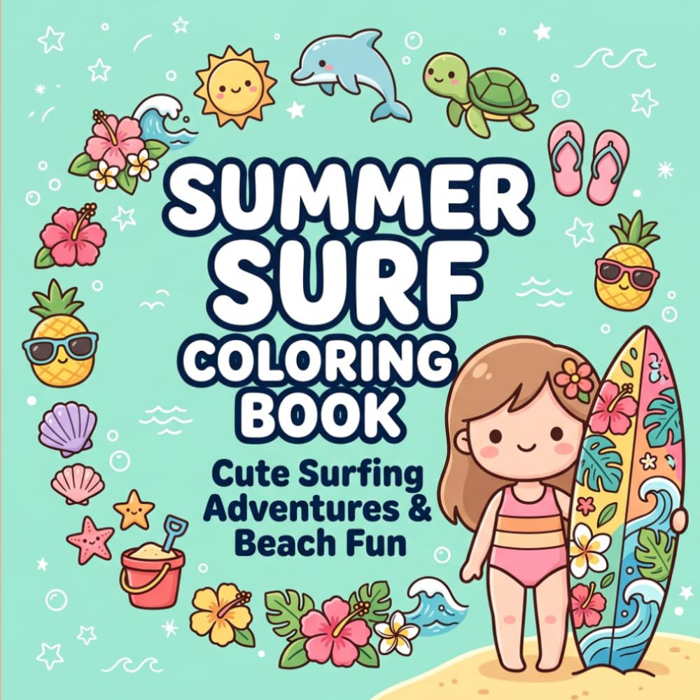Summer Surf Coloring Book: Cute Surfing Adventures, Beach Waves, Ocean Friends, Summer Vacation Fun and Easy Coloring Pages for Kids Ages 4-8