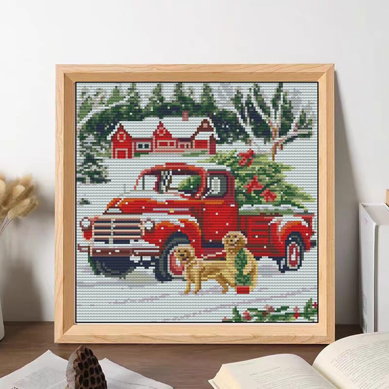 Image of Red Truck with Christmas Tree Golden Retrievers DIY 11CT Stamped Cross Stitch Kits for Beginners Easy Needlepoint Embroidery Counted Cross Stitch Art Craft for Wall Decoration 14x14inch(12)