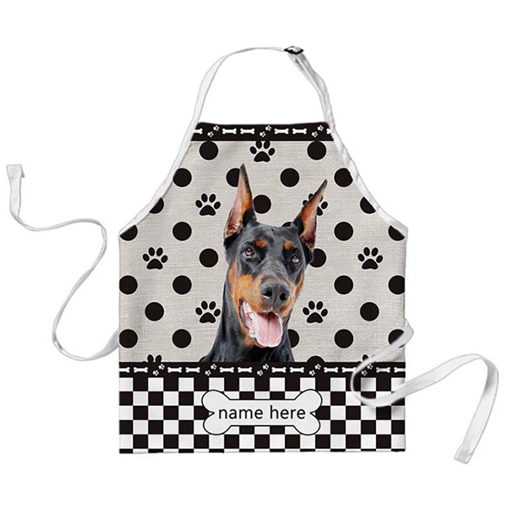 BAGEYOU Personalized Polka Dots and Plaid Checkered Apron with Funny Dog Doberman Chef Kitchen Cooking Arpon for Men Women