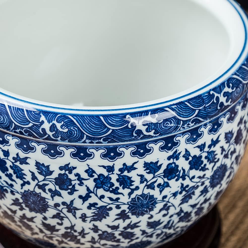 Ceramiczna doniczka, niebiesko-biała porcelanowa miska na ryby do dekoracji wnętrz i na zewnątrz, doniczka w stylu antycznym z nadrukiem kwiatowym