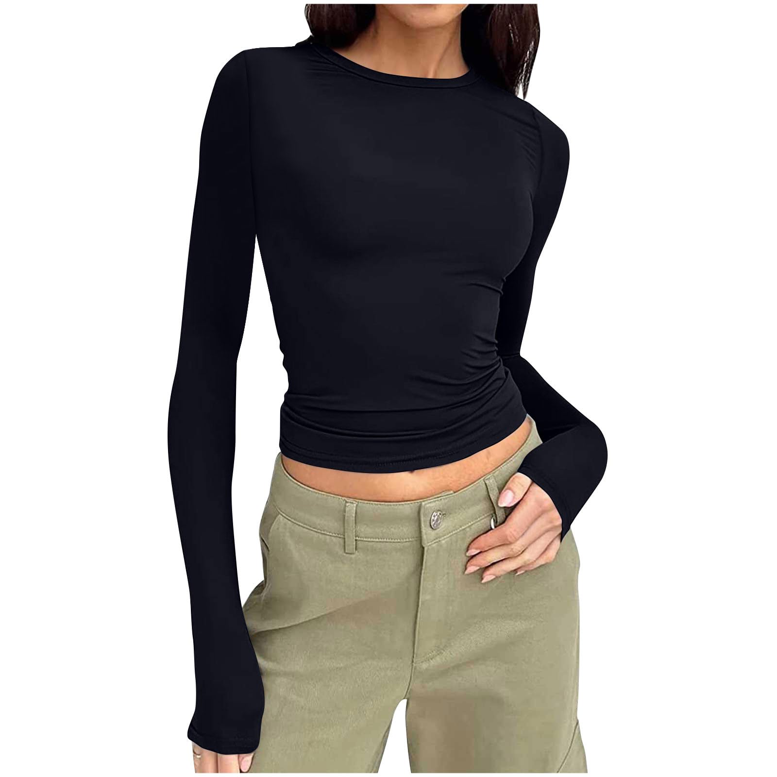 KOG Outlet Angebote Langarmshirt Damen Langarm Crop Tops Y2K Oberteile Einfarbige Oberteil Winter Baumwolle Longshirt Shirt Elegante Blusenshirt Frau Rundhals Fashion Tops Gutschein Schwarz M